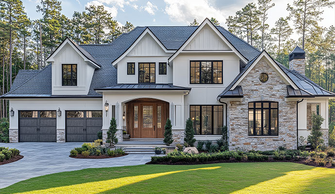 Modern residential home with stone accents and lawn