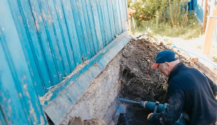 Technician drilling concrete foundation wall for stabilization