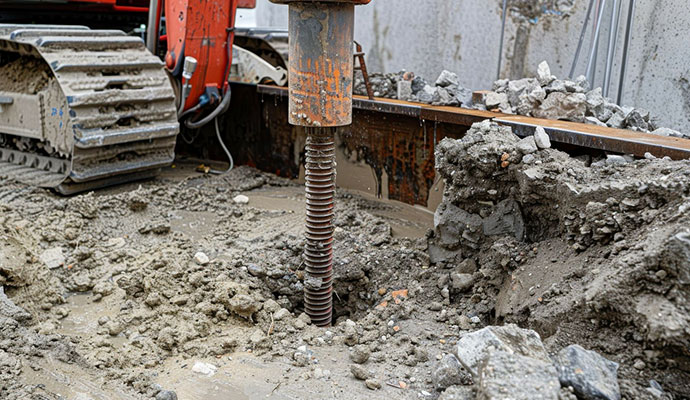 Tracked excavator driving helical pile into ground
