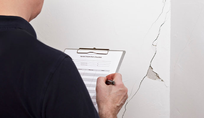 Inspector inspecting vertical wall crack Inspector inspecting a vertical wall crack and taking notes on a checklist