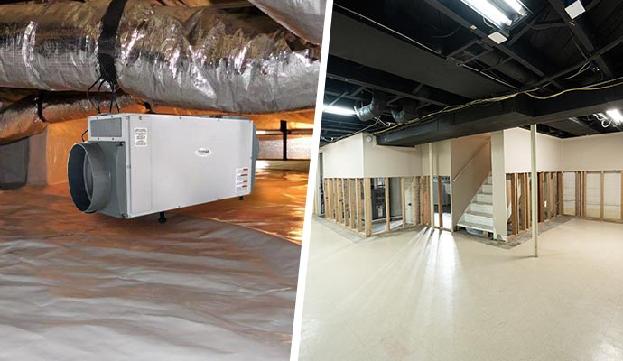 Collage of installed dehumidification system and waterproofed basement