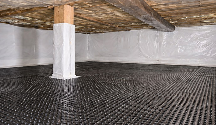 Installed drainage mat in crawl spaces