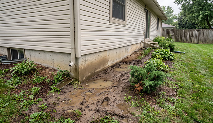 Muddy standing water in a residential concrete foundation