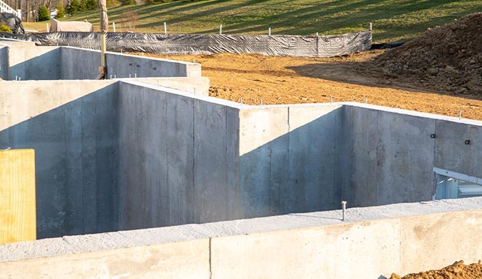 New construction poured concrete foundation walls