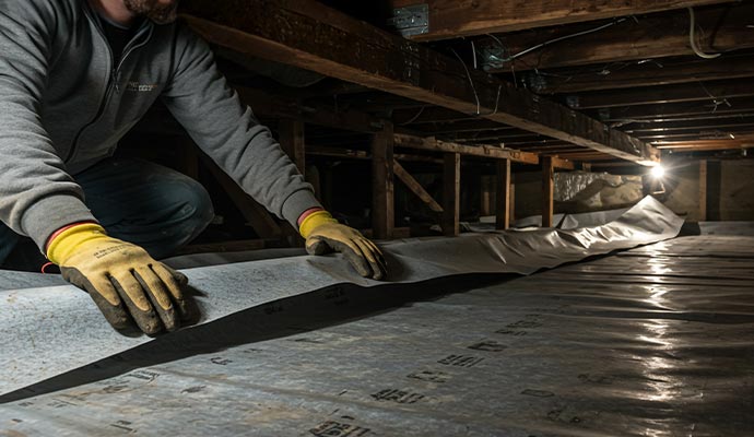 A professional repairing crawl space