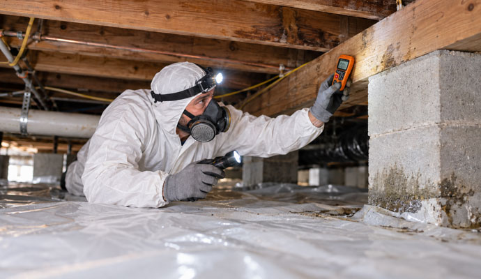 Technician inspecting crawlspace wooden beam with a digital moisture meter