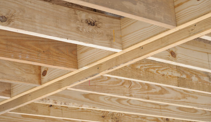Wood joist and girde in a residential crawl space