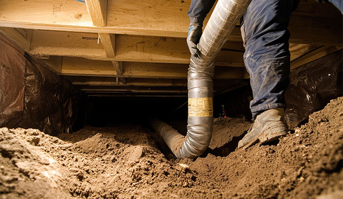 Professional worker cleaning crawlspace