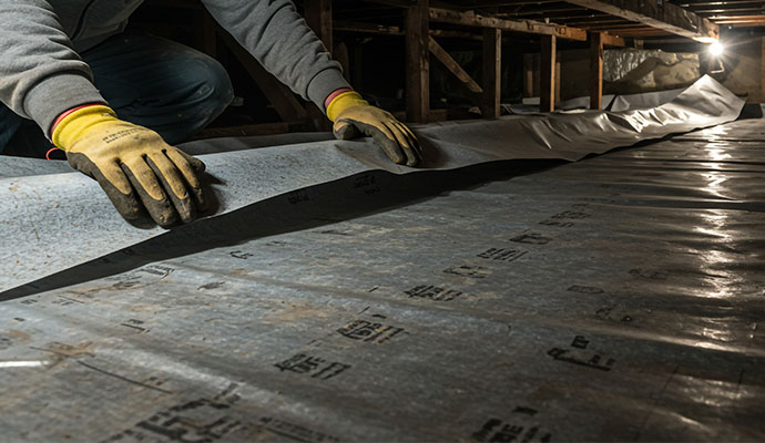 Worker installing a crawl space vapor barrier during repair